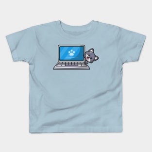 Cute Cat Hiding Behind The Laptop Cartoon Kids T-Shirt